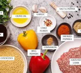 one pan lamb couscous, Ingredients laid out to make lamb couscous