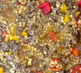 one pan lamb couscous, Close up of lamb couscous thickening up