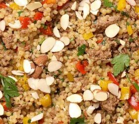 one pan lamb couscous, Close up of lamb couscous with toppings