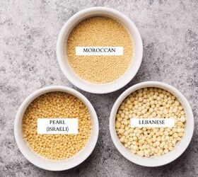 one pan lamb couscous, three white bowls with three different types of couscous