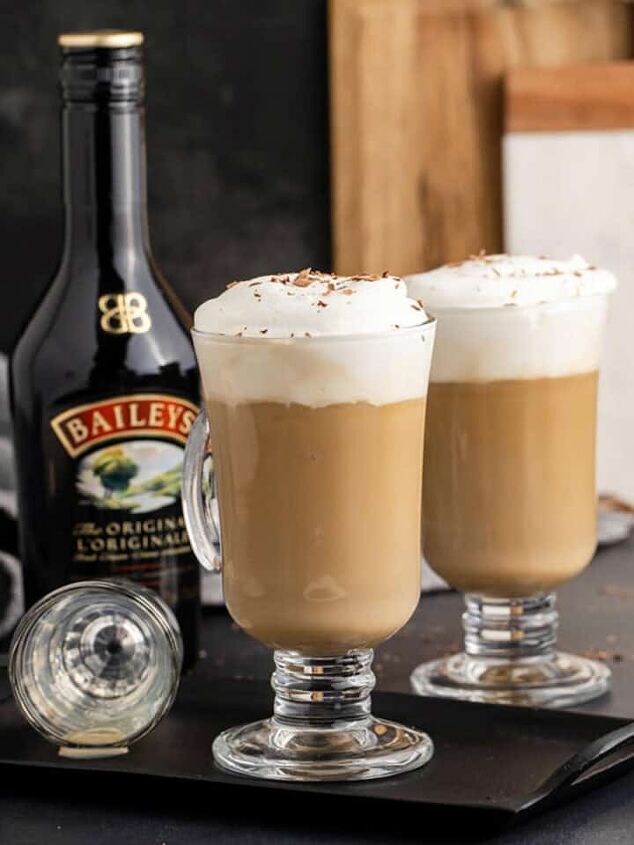 bbq pulled pork in crock pot with root beer, Irish Coffee with Baileys in Glasses on a Tray