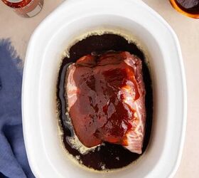 bbq pulled pork in crock pot with root beer, BBQ Pulled Pork in Crock Pot with Root Beer Being Made