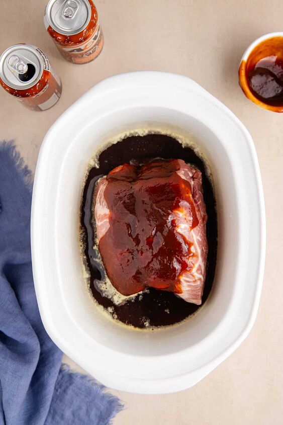 bbq pulled pork in crock pot with root beer, BBQ Pulled Pork in Crock Pot with Root Beer Being Made
