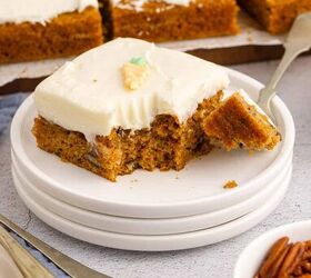 carrot sheet cake, Carrot Sheet Cake With Small Frosting Carrot Square Slice Plated with Fork