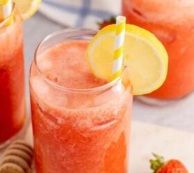 honey strawberry lemonade, Honey Strawberry Lemonade in Glasses with Strawberries Beside