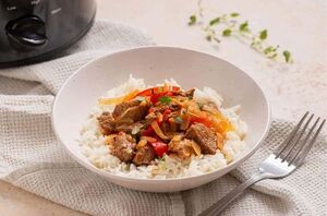 Tender beef, peppers, and savory sauce are combined in this delicious slow cooker recipe