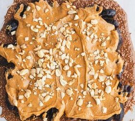 crunchy quinoa chocolate date bark a healthy ish sweet treat, step 8 to make the Crunchy Quinoa Chocolate Date Bark Recipe add peanut butter on top of the dates and add peanuts