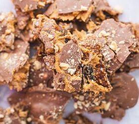 crunchy quinoa chocolate date bark a healthy ish sweet treat, viral date bark pieces layered on top of each other