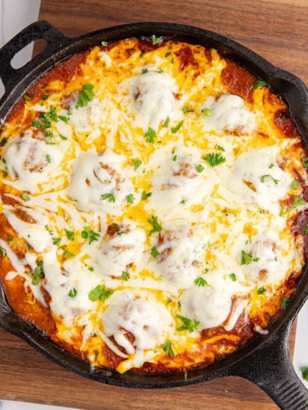 sweet and sour meatballs crockpot, Meatball Parmigiana Baked in a Skillet with melted cheese and fresh parsley