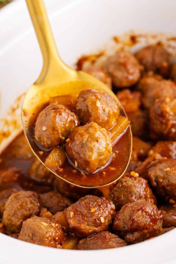 sweet and sour meatballs crockpot, Sweet and Sour Meatballs Crockpot on a Serving Spoon