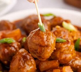 sweet and sour meatballs crockpot, Sweet and Sour Meatballs Crockpot Being Picked up on Toothpick