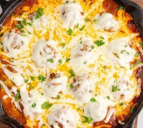 slow cooker buffalo chicken wing dip, Meatball Parmigiana Baked in a Skillet with melted cheese and fresh parsley