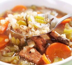 instant pot beef and barley soup recipe simple hearty soup, Close up image of Instant Pot Beef and Barley Soup in a bowl