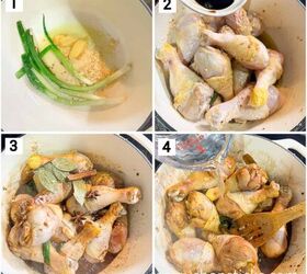 soy sauce braised chicken drumsticks flavorful one pot, A four step cooking process for a braised chicken dish