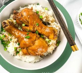 soy sauce braised chicken drumsticks flavorful one pot, A plate of chicken served with rice accompanied by a pair of chopsticks resting on the side