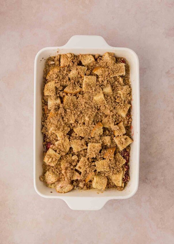 cherry cheesecake french toast casserole, streusel sprinkled on top of casserole