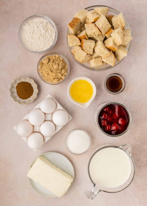 cherry cheesecake french toast casserole, french toast casserole ingredients in bowls