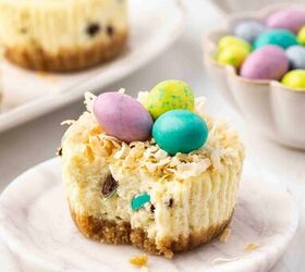 easter mini cheesecake cups, Slice of mini cheesecake displayed on a plate showing off the creamy filling