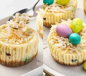 easter mini cheesecake cups, Step 7 Top each cheesecake with toasted coconut and 3 candy coated chocolate eggs