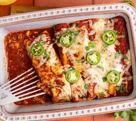 cheesy chicken enchiladas, Enchiladas baked and being scooped out of dish
