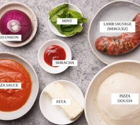 lamb sausage pizza with merguez, Ingredients laid out to make lamb sausage pizza