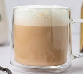 crispy chicken caesar salad, Homemade vanilla bean latte in a beautiful glass mug accompanied by vanilla beans on the side