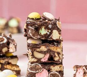 crispy chicken caesar salad, Easter Rocky Road stacked one above the other with easter decorations around on a pink background