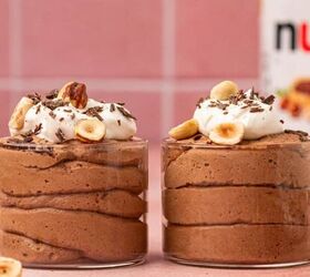nutella covered strawberries, Nutella mousse piped into fancy serving cups garnished with whipped cream and chocolate curls for a luxurious look