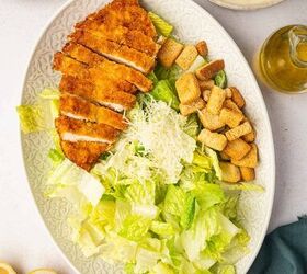 crispy chicken caesar salad, Gathered prepared Caesar Salad ingredients arranged in a serving platter