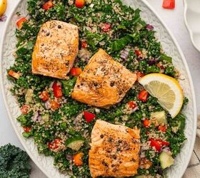 salmon kale quinoa salad, Salmon Kale Quinoa Salad platter with lemon Dijon dressing in the side