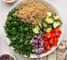 salmon kale quinoa salad, Assemble the salad ingredients for Salmon Kale Quinoa Salad