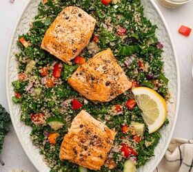 salmon kale quinoa salad, Salmon arranged in a platter for Salmon Kale Quinoa Salad