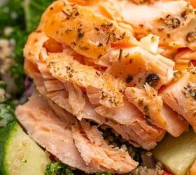 salmon kale quinoa salad, flaky salmon in Salmon Kale Quinoa Salad