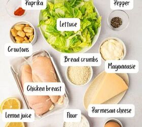 crispy chicken caesar salad, The ingredients laid out for crispy chicken caesar salad with homemade caesar dressing