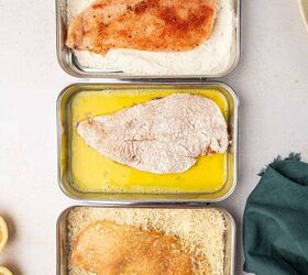crispy chicken caesar salad, Prepared breading station to make crispy chicken for crispy chicken caesar salad recipe