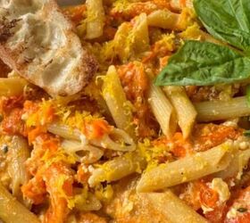 peanut butter stuffed dates, A bowl of baked feta pasta with some crusty bread and basil for decoration
