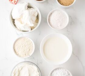 caramel cheesecake bars, Ingredients to make caramel bars in bowls on the table