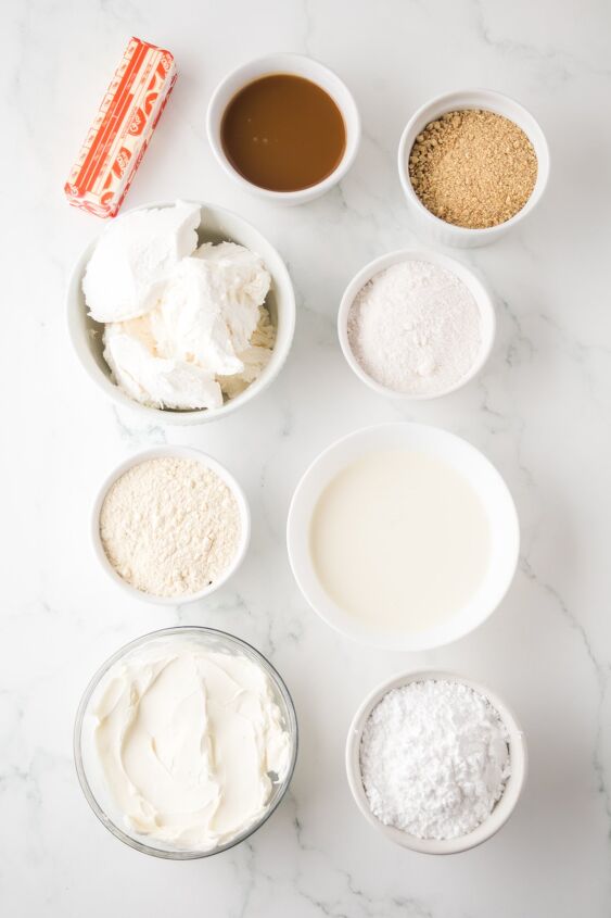 caramel cheesecake bars, Ingredients to make caramel bars in bowls on the table