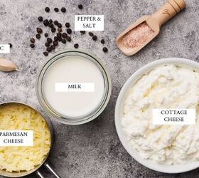 creamy cottage cheese pasta sauce 5 min, Ingredients laid out to make cottage cheese Alfredo sauce