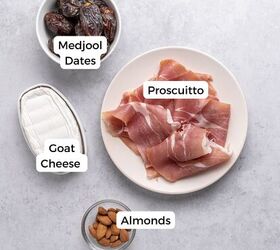 prosciutto wrapped dates, Ingredients include Medjool dates proscuitto goat cheese and almonds