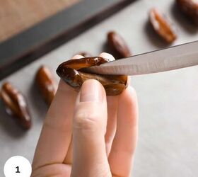 prosciutto wrapped dates, Slicing open a date and removing the pit