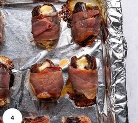 prosciutto wrapped dates, Baked dates on a baking sheet