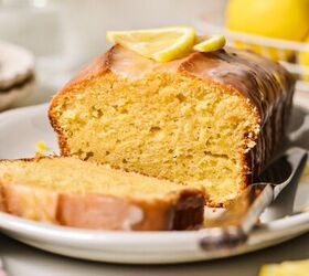 lemon loaf cake, Side view of the lemon loaf cake with a slice off the end to show the inside texture