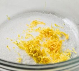 lemon loaf cake, Sugar and lemon zest in a bowl