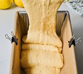 lemon loaf cake, Pouring the lemon cake batter into a prepared loaf pan