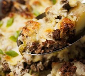 hamburger and potato casserole, A scoop taken out of the hamburger potato casserole