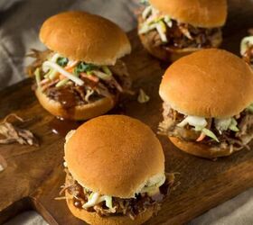 pulled pork sliders mini pulled pork slider recipe, Close up image of Pulled Pork Sliders on a wooden cutting board