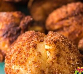 honey roasted pecans in air fryer, Close up of a cinnamon sugar donut hole baked in the air fryer