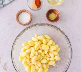 air fryer gnocchi, Overhead shot of the ingredients to make the recipe The seasoning uses staple ingredients like salt garlic and olive oil