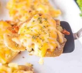 smashed potatoes with cheese, Serving a smashed Baby Dutch Yellow potatoes from a tray The Colby Jack cheese is melted and crisped up on the sides